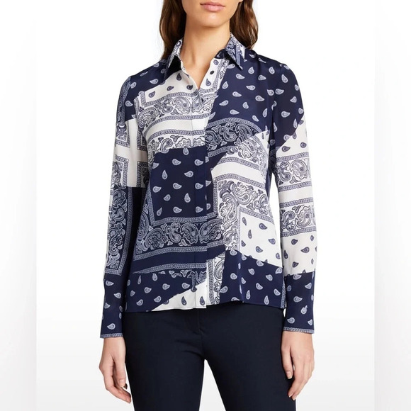 Alice + Olivia Willa Patchwork Bandana Button Front Collared Silk Paisley Shirt - Picture 1 of 9